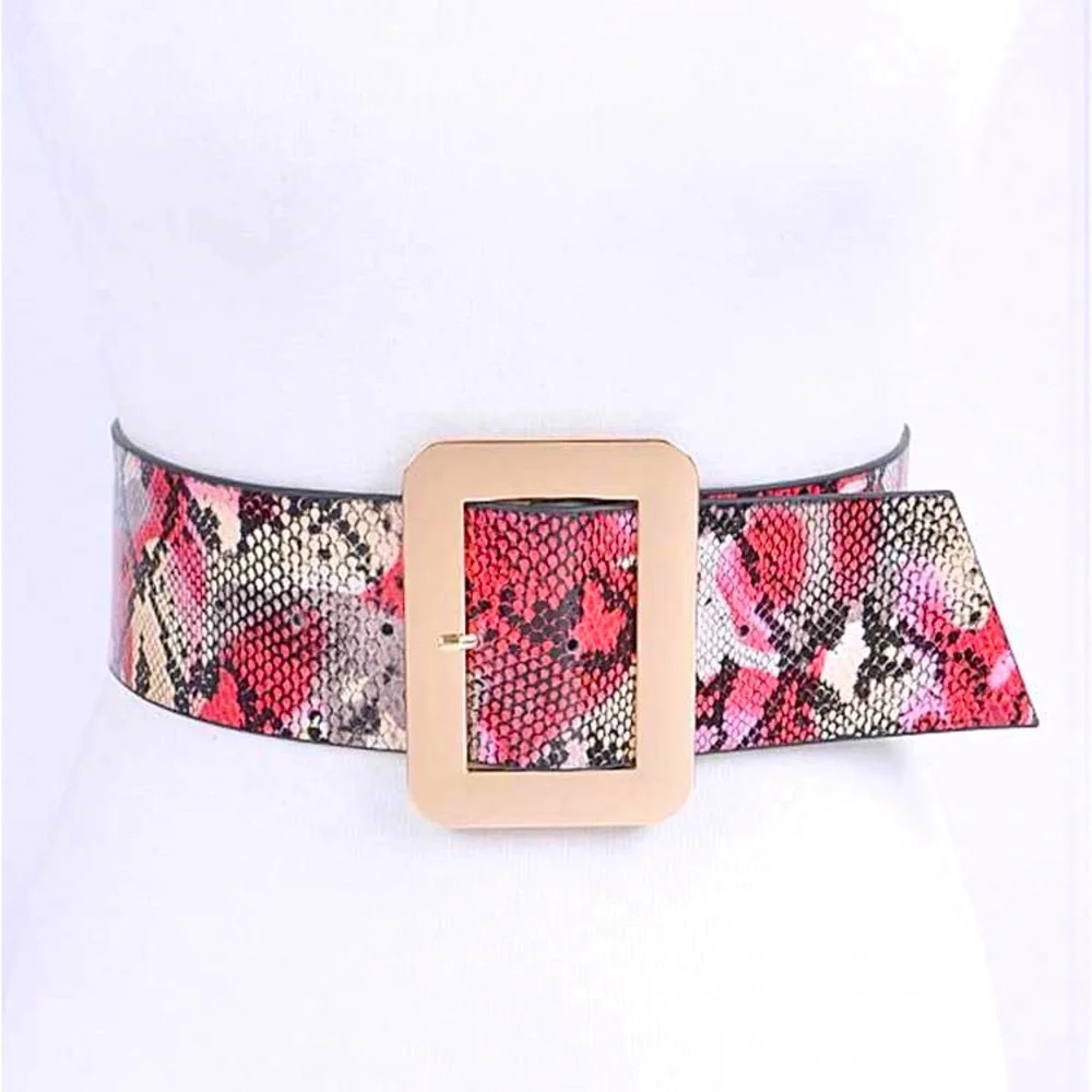 Red Vegan Snakeskin Animal Print Waist Belt